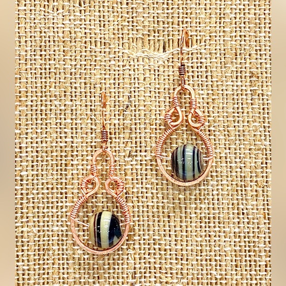 HANDMADE Vintage Glass Bead Hand Wrapped with Hand Hammered Bare Copper Earrings - Picture 3 of 10